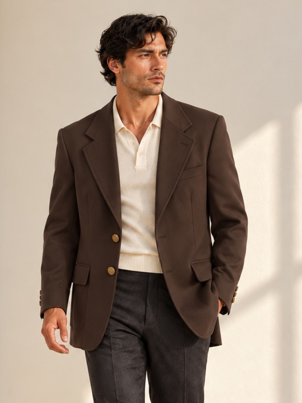 Eaton Vintage 70s Brown Wool Blend Blazer Brass Buttons Mod Lining Sz 42L